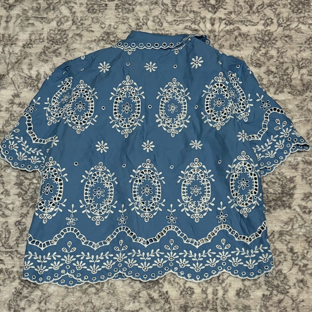 🌼Sezane ELVIRA BLOUSE in CREAM Blue CHAMBRAY Embroidered Button-Up Blouse - Picture 4 of 11